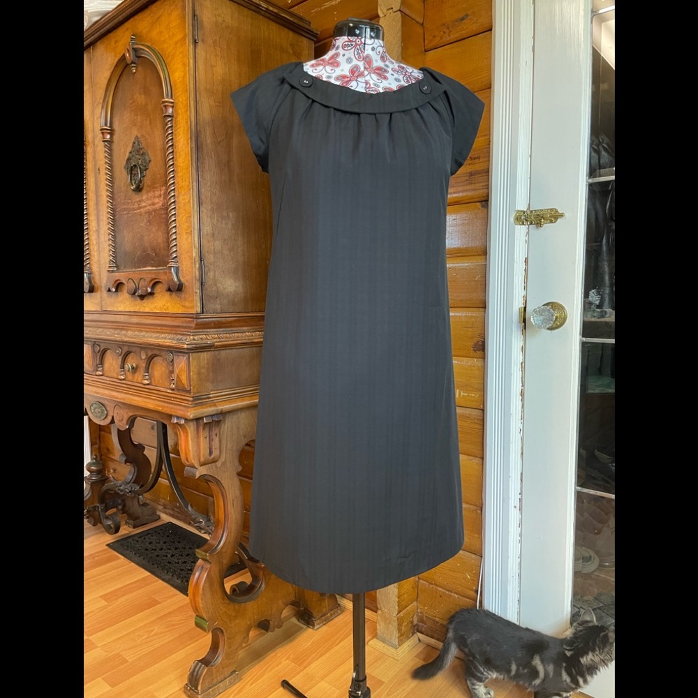 NY Collection Black Tonal Stripe Shift Cap Sleeve Dress Button Collar Size L